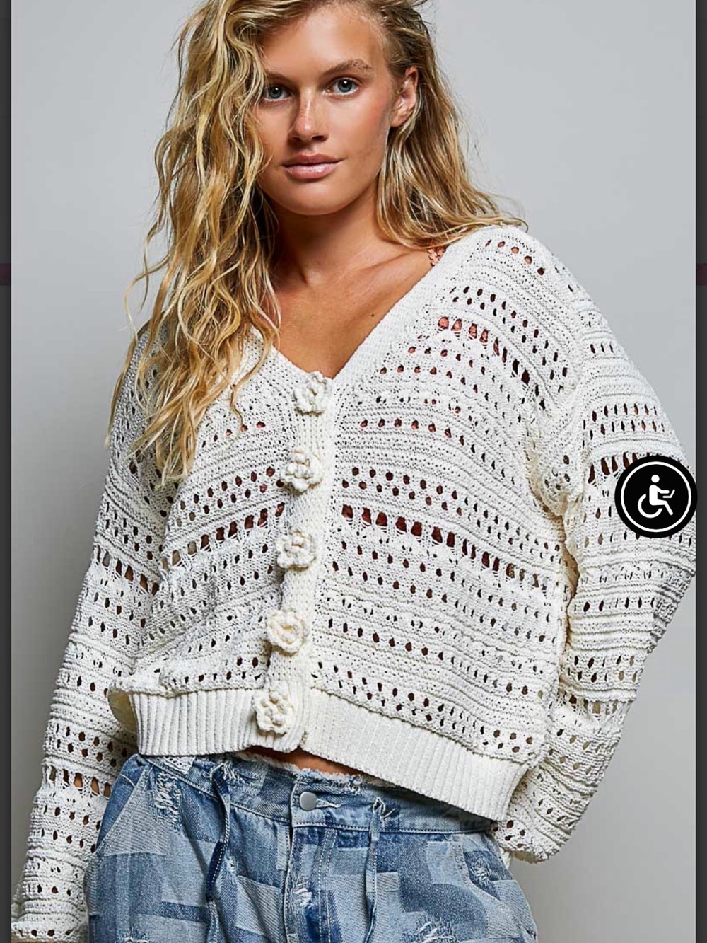 Women’s Cream Openwork 3D Flowers Button-Front Sweater Cardigan